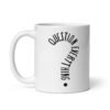 White ceramic coffee mug with the text 'Question everything' printed on both sides. The words are in the shape of a question mark.
