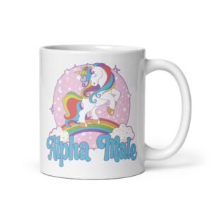 White ceramic mug with funny pastel rainbow unicorn graphics and the words Alpha Male printed on both sides.