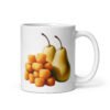 White ceramic mug with an image of tater tots and two pears printed on both sides.