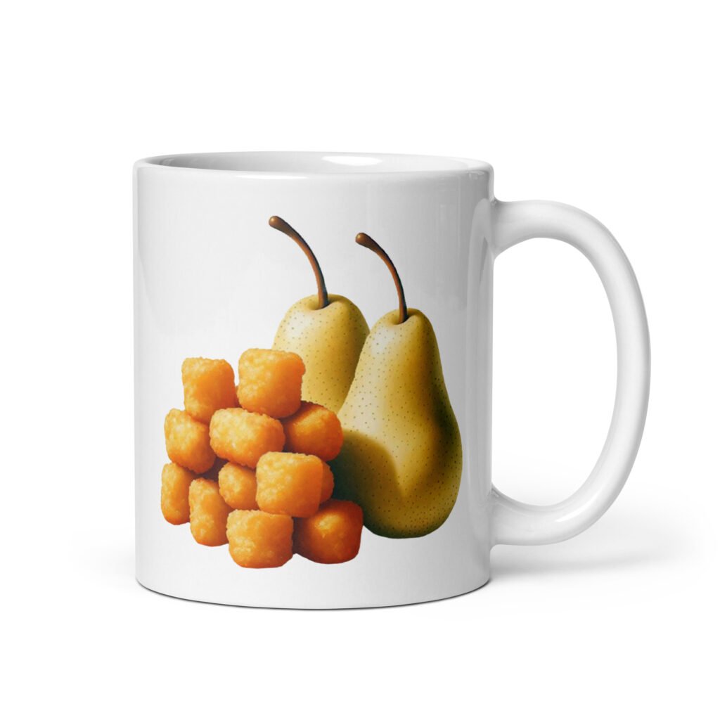 White ceramic mug with an image of tater tots and two pears printed on both sides.