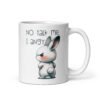 White ceramic coffee mug with an image of an angry bunny and the text 'No talk me I angy' printed on both sides of the mug.