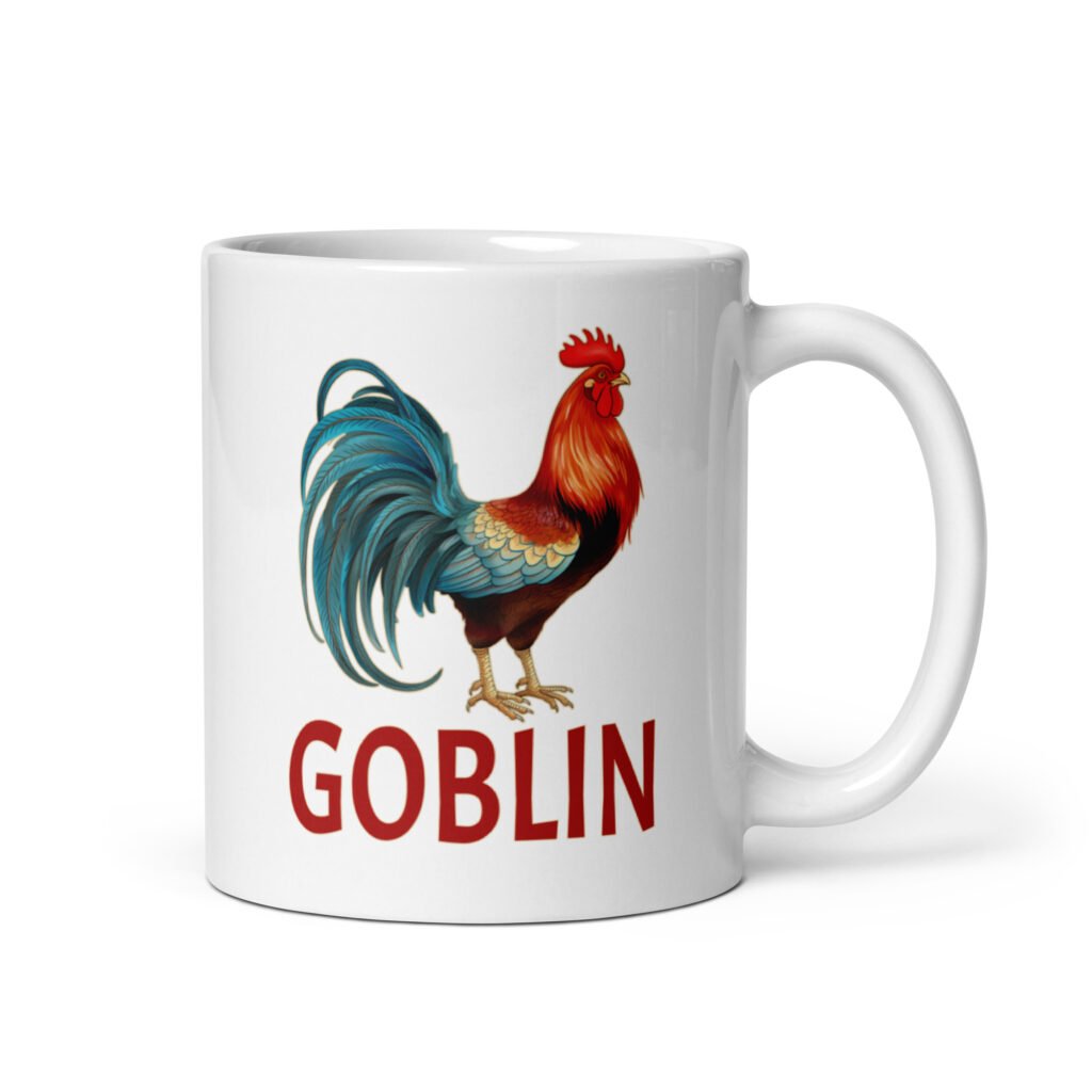 White ceramic coffee mug with an image of a rooster and the word 'Goblin' printed under the rooster. The graphics are printed on both sides of the mug.