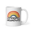 White ceramic coffee mug with a graphic of a rainbow and the words 'Spread negativity' printed on both sides.