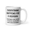 White ceramic mug with the text 'Everything happens for a reason. Sometimes the reason is you're stupid and make bad decisions' printed on both sides.