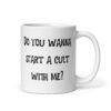 White ceramic coffee mug with with the text 'Do you wanna start a cult with me' printed on both sides.
