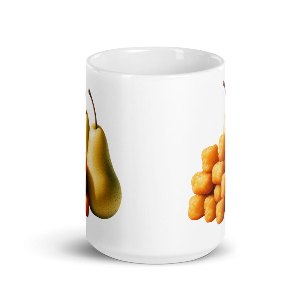 White ceramic mug with an image of tater tots and two pears printed on both sides.