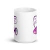 White ceramic coffee mug that has image of a purple anal plug with a smile face. There is a speech bubble above with the words 'Don't forget to stretch'. The graphics are printed on both sides of the mug.