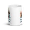 White ceramic coffee mug with an image of grey haired older woman enjoying a bite of a piece of cake with the words 'I hope your cake is as moist as I am' printed on both sides.