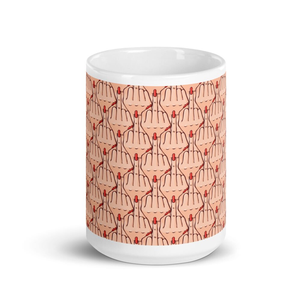White ceramic mug with graphic of woman's hand flipping the middle finger. The finger has a long red fingernail. The graphic is overlapping and printed all over.