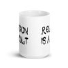 White ceramic coffee mug with the text 'Religion is a cult' printed on both sides.