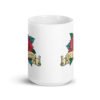 White ceramic coffee mug with funny image of an old school rose flash tattoo with the words 'No ragrets' intentionally misspelled. The graphics are printed on both sides of the mug.