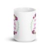 White ceramic coffee mug that has a colorful minimalistic style line drawing floral wreath with the text 'Sometimes I pee a little when I laugh' printed in the center of the wreath. The graphics are printed on both sides of the mug.