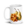White ceramic mug with an image of tater tots and two pears printed on both sides.