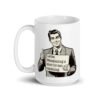White ceramic coffee mug with graphic of retro man holding sign that says 'Ladies, mansplaining is short for man explaining' printed on both sides.