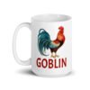 White ceramic coffee mug with an image of a rooster and the word 'Goblin' printed under the rooster. The graphics are printed on both sides of the mug.