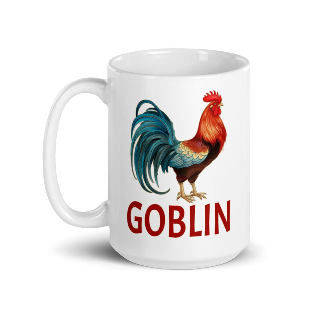 White ceramic coffee mug with an image of a rooster and the word 'Goblin' printed under the rooster. The graphics are printed on both sides of the mug.