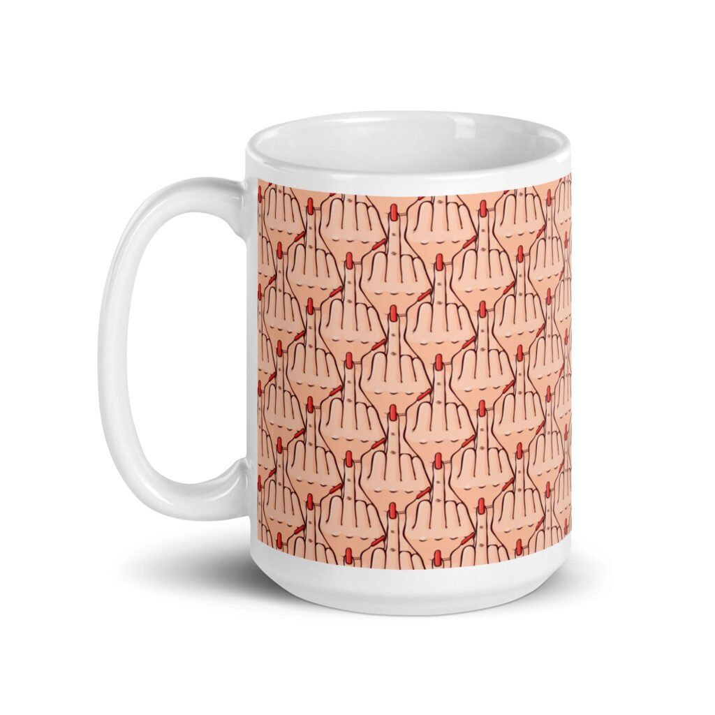 White ceramic mug with graphic of woman's hand flipping the middle finger. The finger has a long red fingernail. The graphic is overlapping and printed all over.