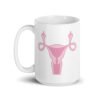 White ceramic coffee mug with with image of a pink uterus flipping middle finger graphic printed on both sides.