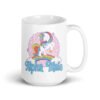 White ceramic mug with funny pastel rainbow unicorn graphics and the words Alpha Male printed on both sides.