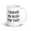 White ceramic mug with the text 'I shaved my bush for this?' printed on both sides.