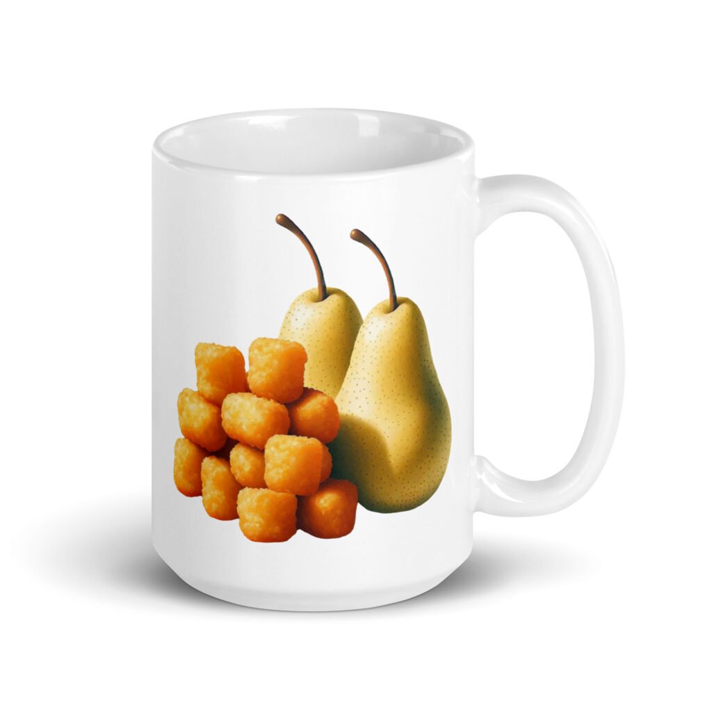 White ceramic mug with an image of tater tots and two pears printed on both sides.