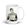 White ceramic coffee mug with graphic of retro man holding sign that says 'Ladies, mansplaining is short for man explaining' printed on both sides.