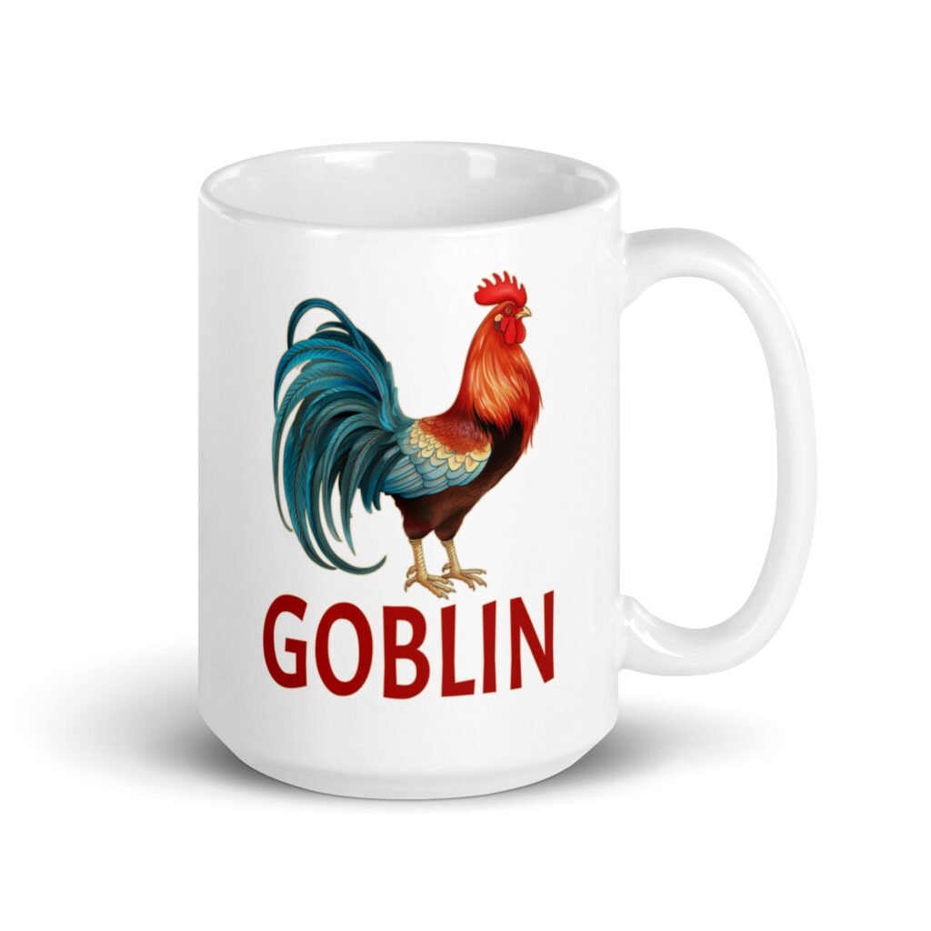 White ceramic coffee mug with an image of a rooster and the word 'Goblin' printed under the rooster. The graphics are printed on both sides of the mug.