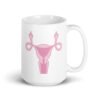 White ceramic coffee mug with with image of a pink uterus flipping middle finger graphic printed on both sides.