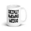 White ceramic coffee mug with the text 'Socially awkward weirdo' printed on both sides.