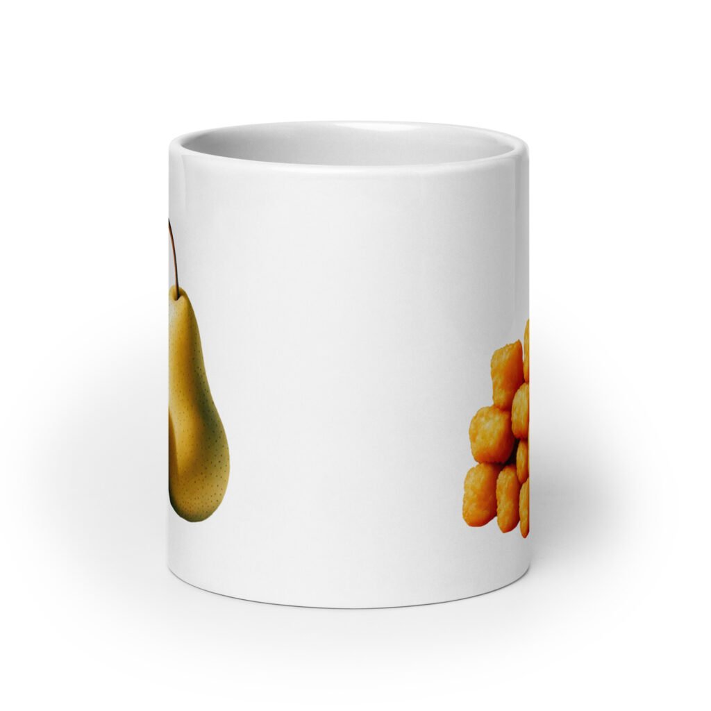 White ceramic mug with an image of tater tots and two pears printed on both sides.