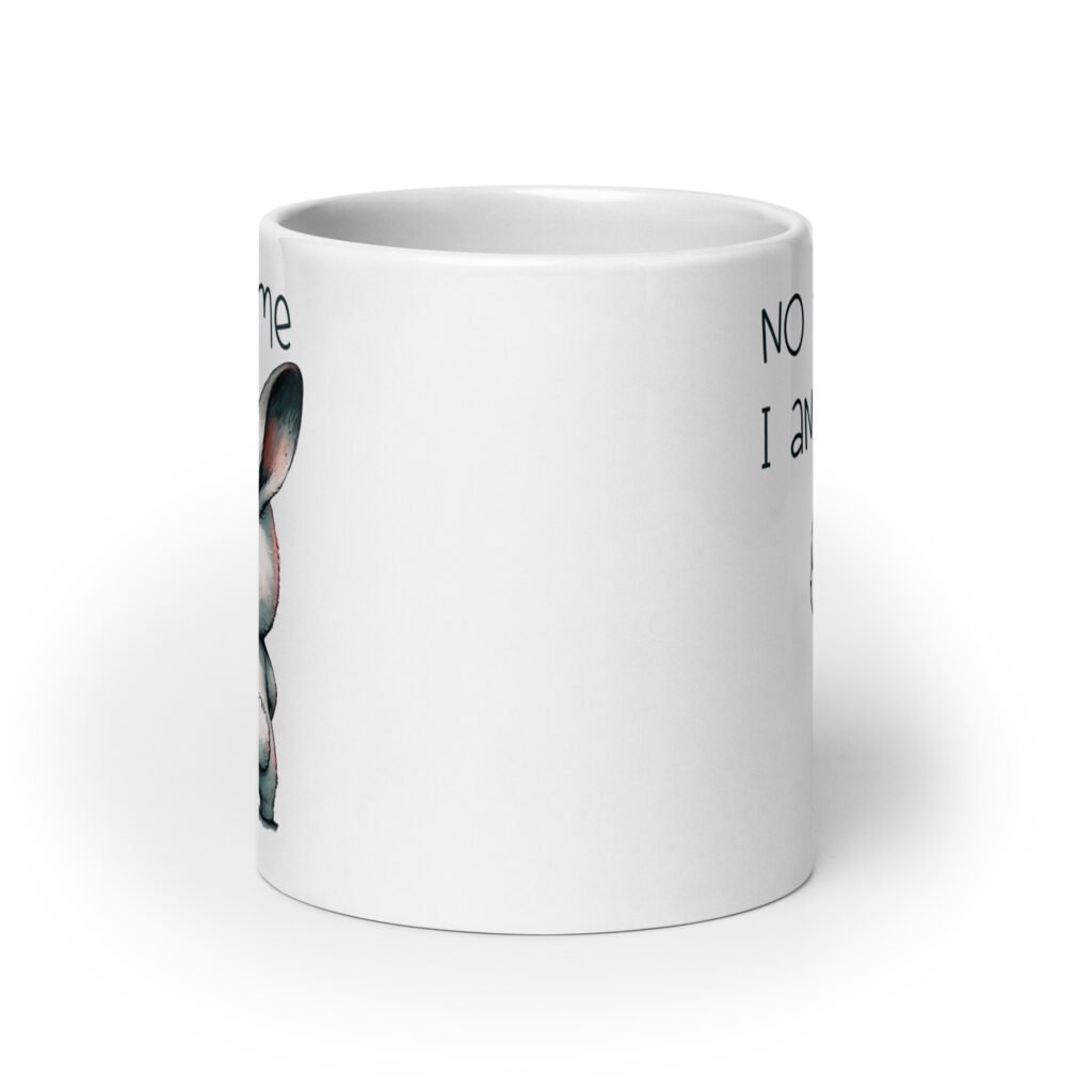 White ceramic coffee mug with an image of an angry bunny and the text 'No talk me I angy' printed on both sides of the mug.