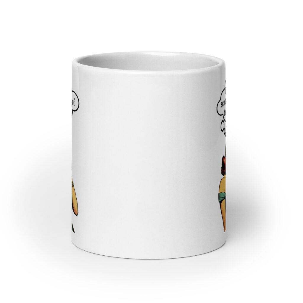 White ceramic coffee mug with an image of a busty pin-up lady with thought bubble that says 'I wish I had serotonin instead of these huge tits' printed on both sides of the mug.