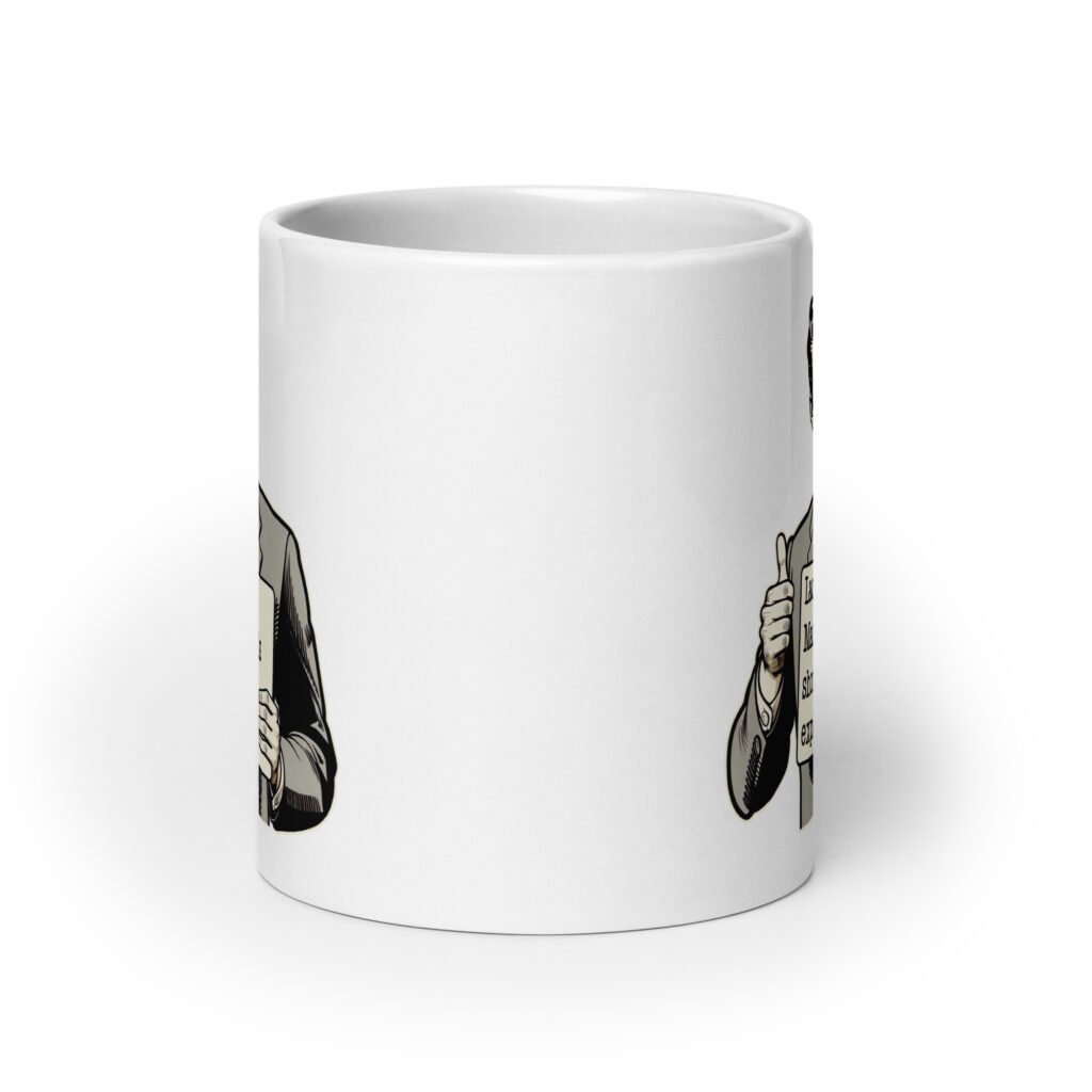 White ceramic coffee mug with graphic of retro man holding sign that says 'Ladies, mansplaining is short for man explaining' printed on both sides.