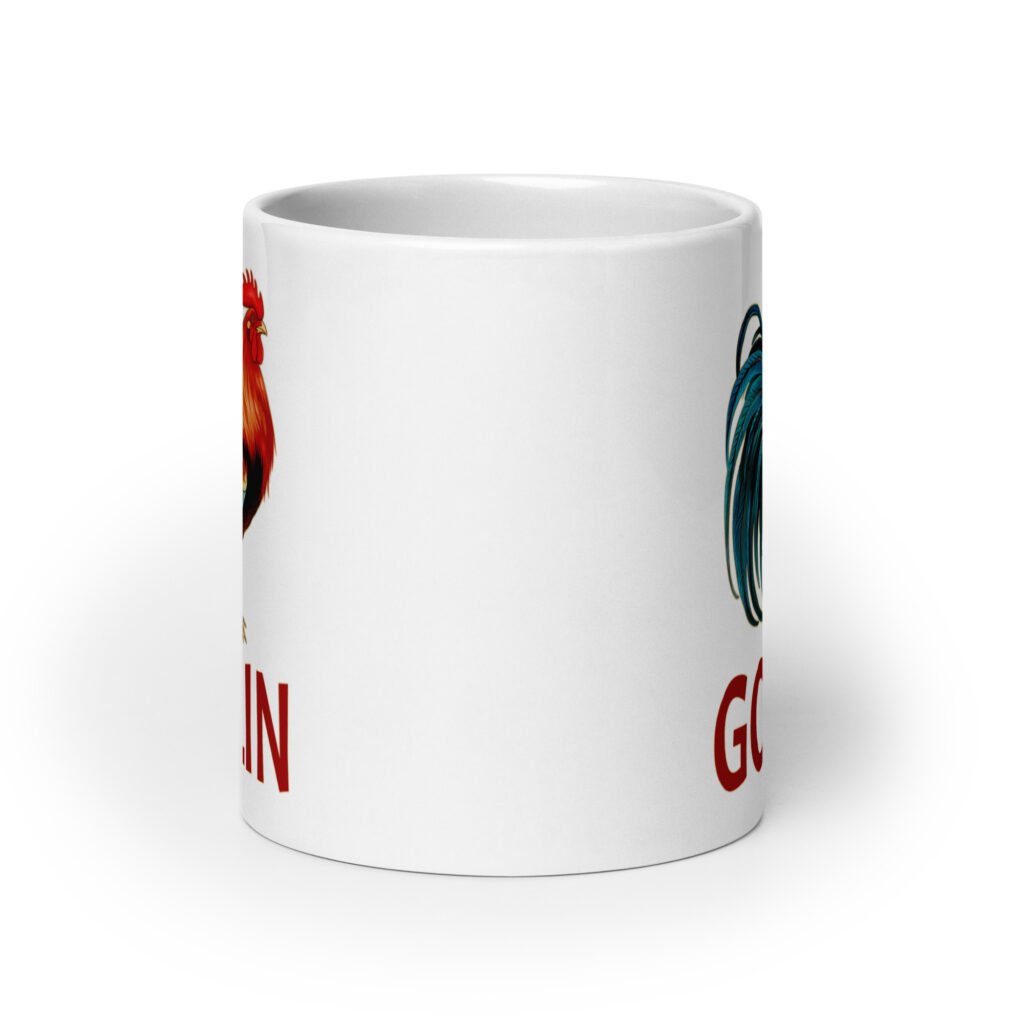 White ceramic coffee mug with an image of a rooster and the word 'Goblin' printed under the rooster. The graphics are printed on both sides of the mug.