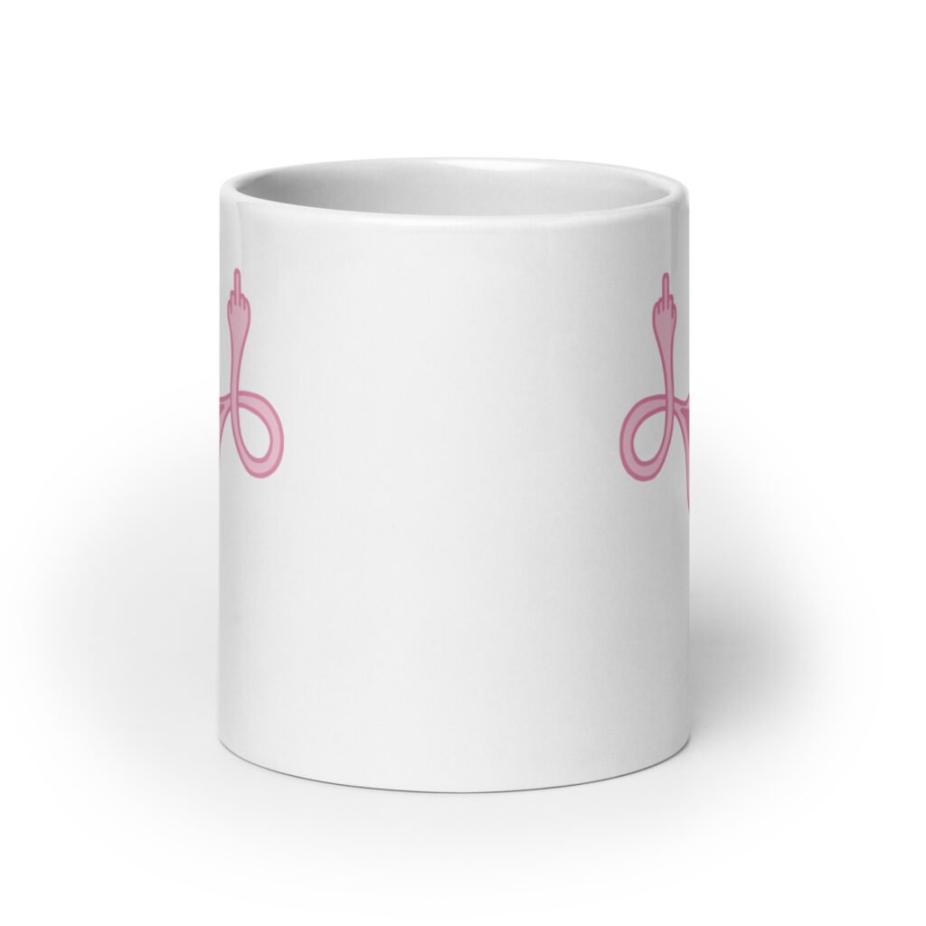 White ceramic coffee mug with with image of a pink uterus flipping middle finger graphic printed on both sides.