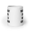White ceramic coffee mug with the text 'Voted most likely to become a cult leader' printed on both sides.