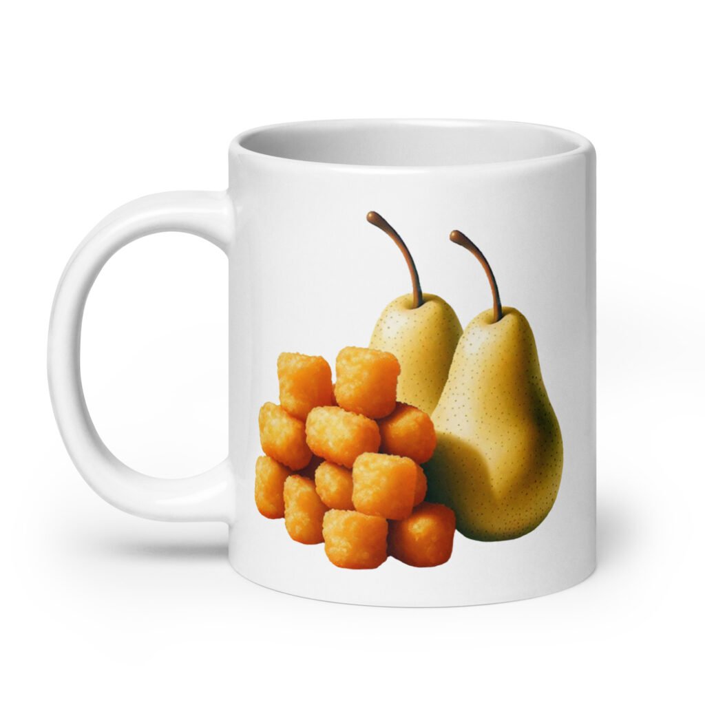 White ceramic mug with an image of tater tots and two pears printed on both sides.