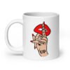 White ceramic mug with an image of a hand over lips making the shh gesture. The words 'Shut the fuck up' are printed on the hand. The graphics are printed on both sides of the mug.