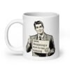 White ceramic coffee mug with graphic of retro man holding sign that says 'Ladies, mansplaining is short for man explaining' printed on both sides.