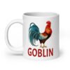 White ceramic coffee mug with an image of a rooster and the word 'Goblin' printed under the rooster. The graphics are printed on both sides of the mug.