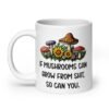 White ceramic coffee mug with images of mushrooms and the text 'If mushrooms can grow from shit so can you' printed on both sides.