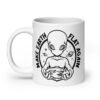 White ceramic coffee mug with an image of an alien holding a flat earth and the phrase 'Make earth flat again' printed on both sides.