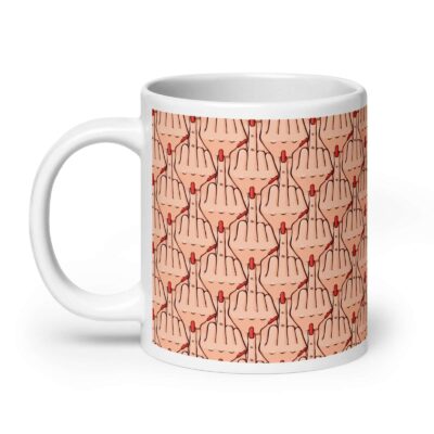 White ceramic mug with graphic of woman's hand flipping the middle finger. The finger has a long red fingernail. The graphic is overlapping and printed all over.