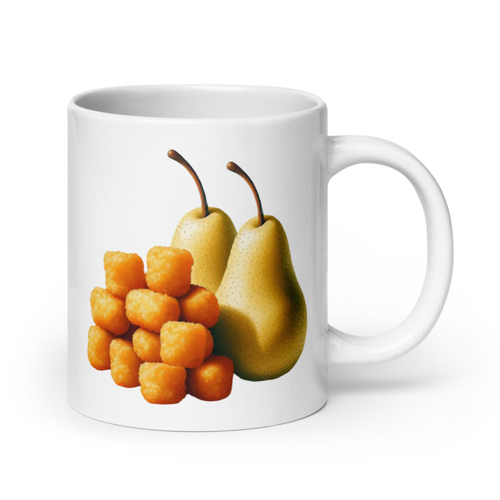 White ceramic mug with an image of tater tots and two pears printed on both sides.