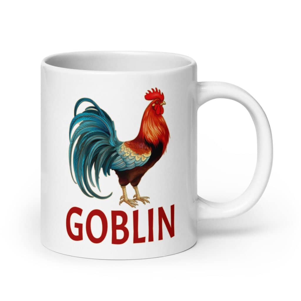 White ceramic coffee mug with an image of a rooster and the word 'Goblin' printed under the rooster. The graphics are printed on both sides of the mug.