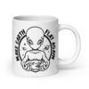 White ceramic coffee mug with an image of an alien holding a flat earth and the phrase 'Make earth flat again' printed on both sides.