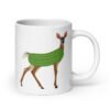 White ceramic dildo pun coffee mug with funny image of a doe deer with a dill pickle body.
