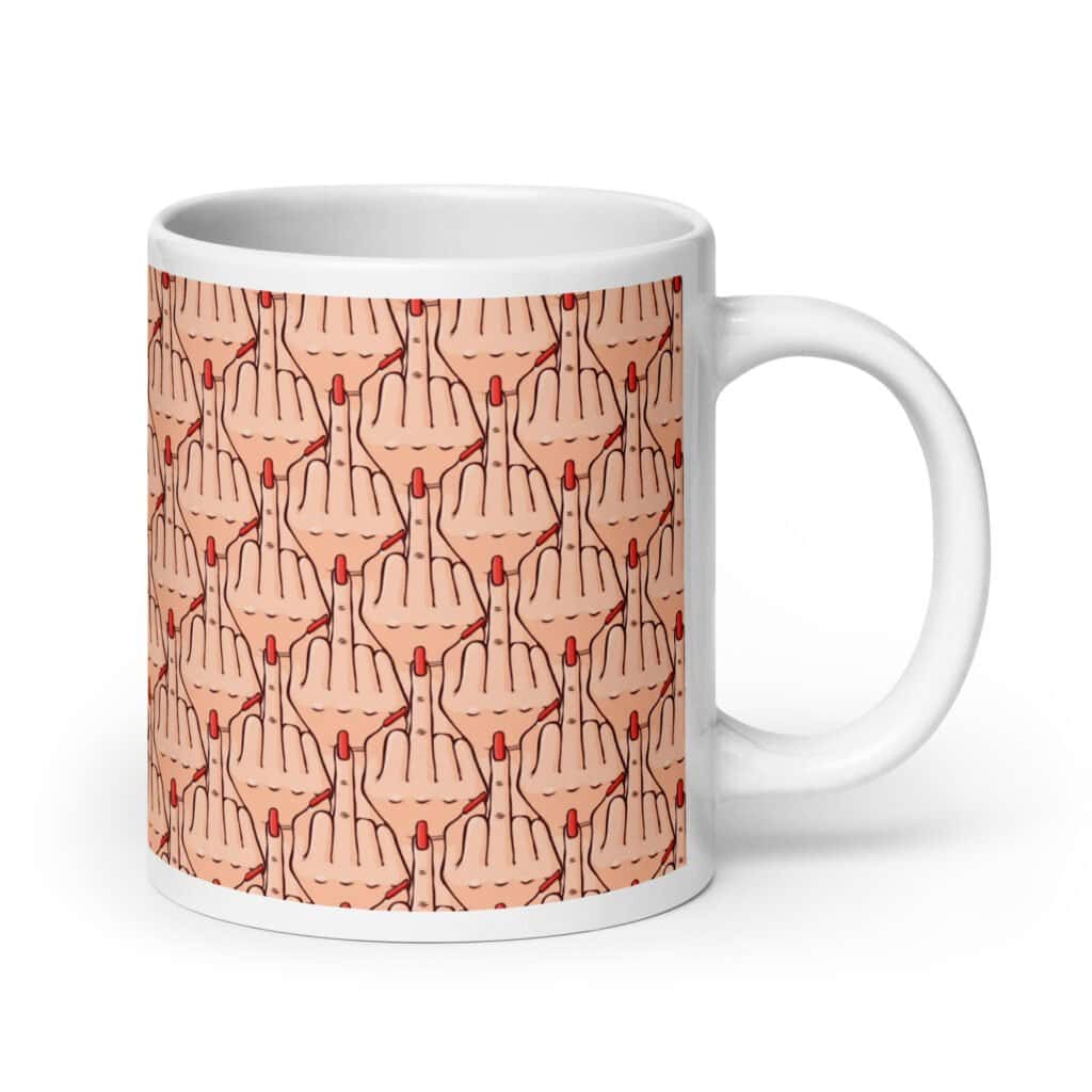 White ceramic mug with graphic of woman's hand flipping the middle finger. The finger has a long red fingernail. The graphic is overlapping and printed all over.