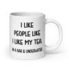 White ceramic coffee mug with the phrase 'I like people like I like my tea. In a bag & underwater' printed on both sides.