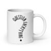 White ceramic coffee mug with the text 'Question everything' printed on both sides. The words are in the shape of a question mark.